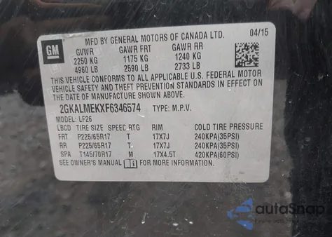 2015 GMC Terrain Sle-1 from USA, damaged, VIN 2GKALMEKXF6346574